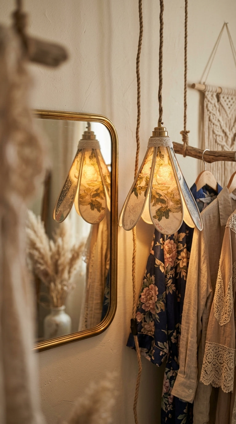 Lampe Tulipe en Tencel Iridescent Floral – Lampe Artisanale Bohème Florale