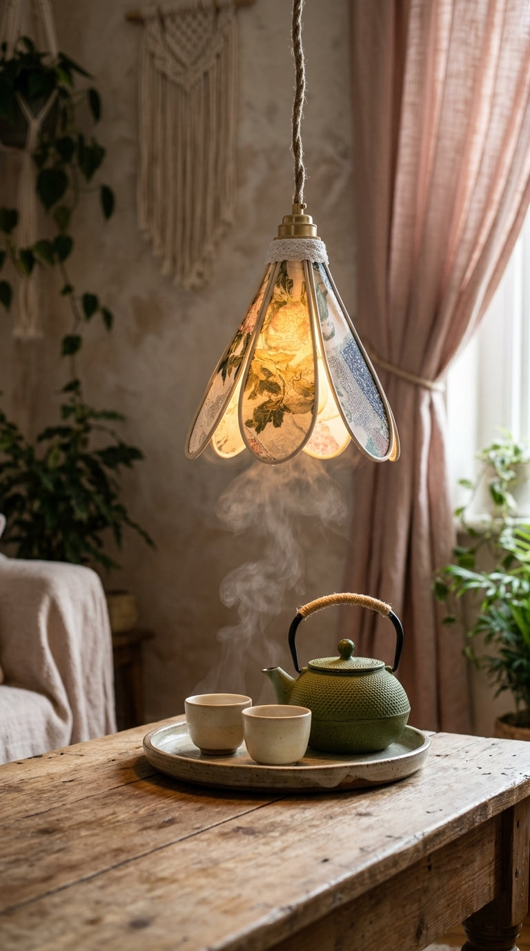Lampe Tulipe en Tencel Iridescent Floral – Lampe Artisanale Bohème Florale