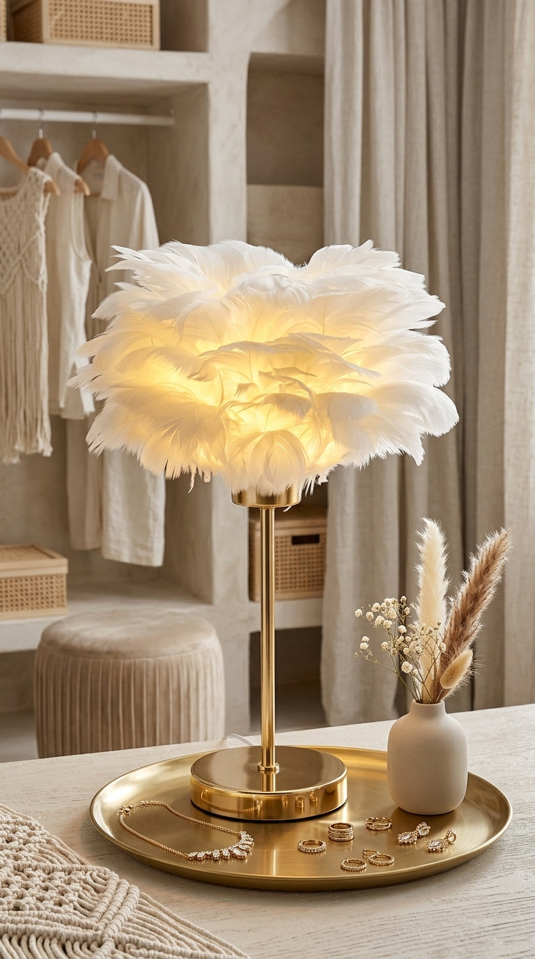 Lampe de Chevet à Plumes – Luminaire Élégant Doré