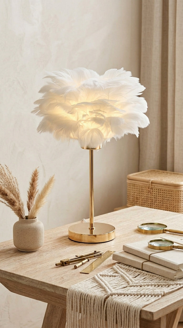 Lampe de Chevet à Plumes – Luminaire Élégant Doré