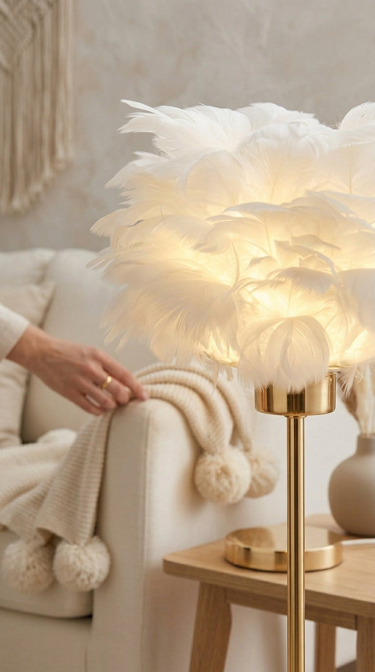 Lampe de Chevet à Plumes – Luminaire Élégant Doré
