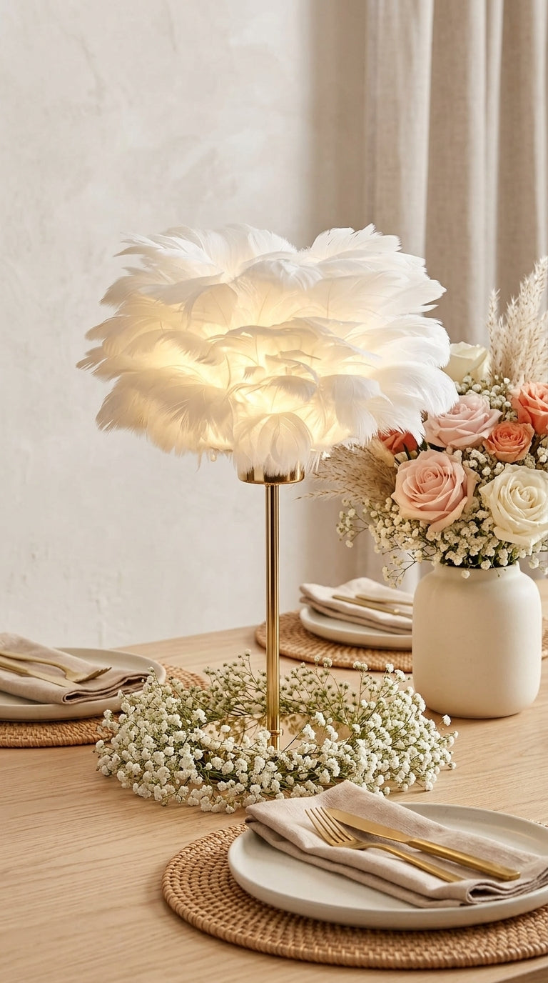 Lampe de Chevet à Plumes – Luminaire Élégant Doré