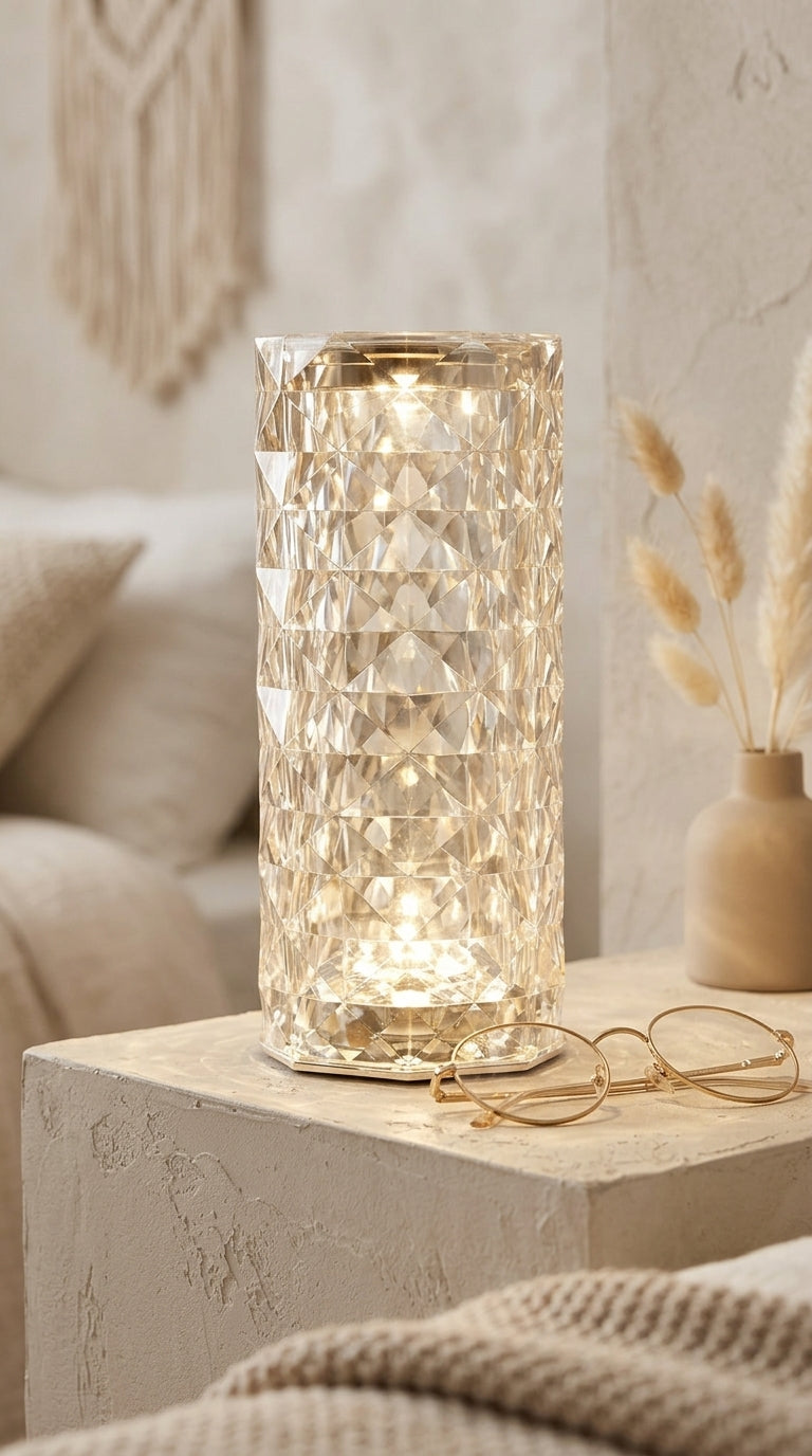 Lampe Diamant Cylindrique – Effet Cristal Facetté & Lumière Scintillante