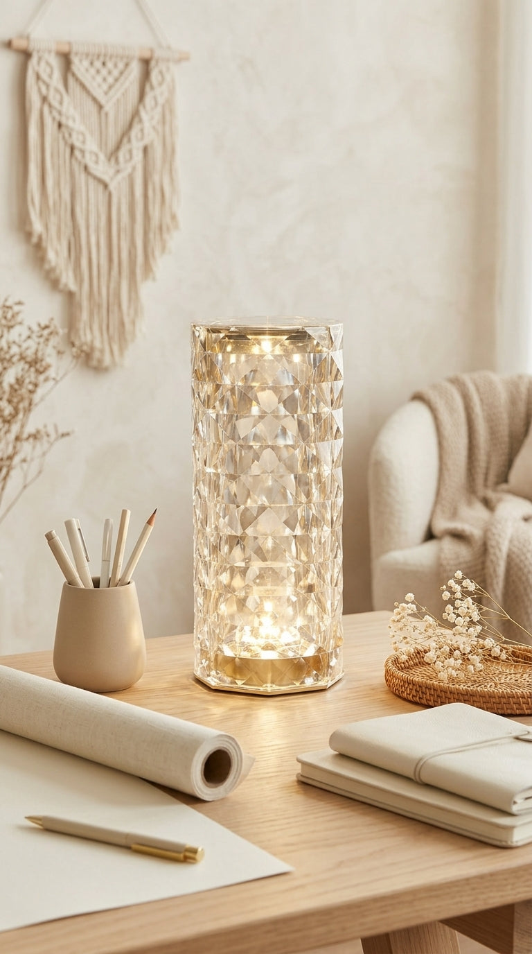 Lampe Diamant Cylindrique – Effet Cristal Facetté & Lumière Scintillante