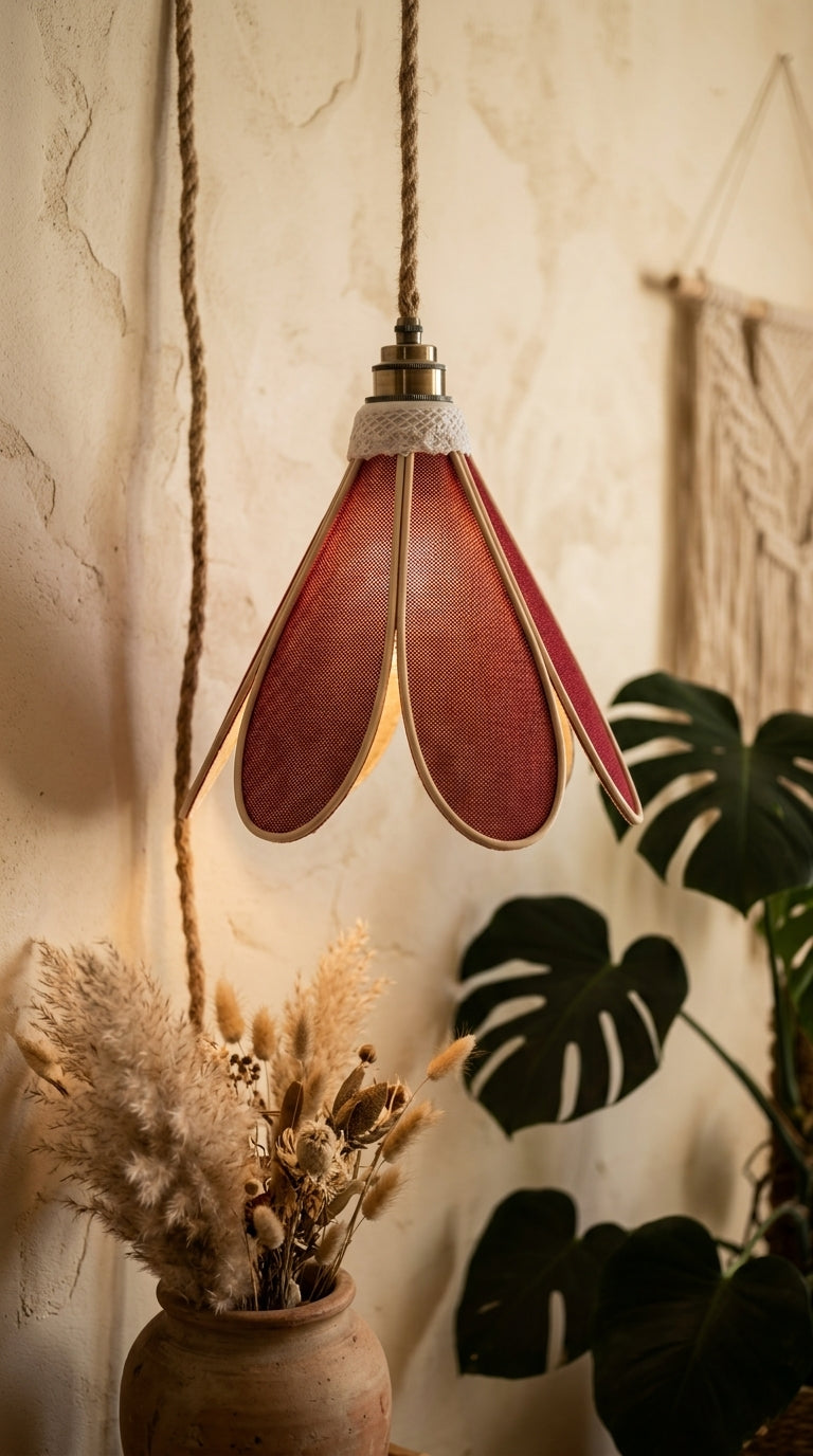 Lampe Tulipe Toile de Jute Rouge – Lampe Artisanale Bohème Naturelle