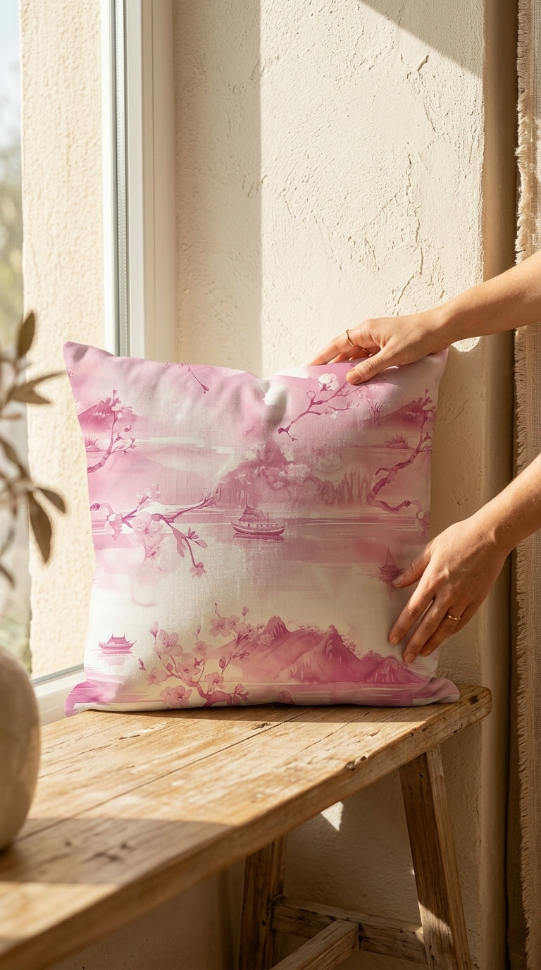 Housse Coussin Voyage d'Asie – Housse Artisanale Aquarelle Rose