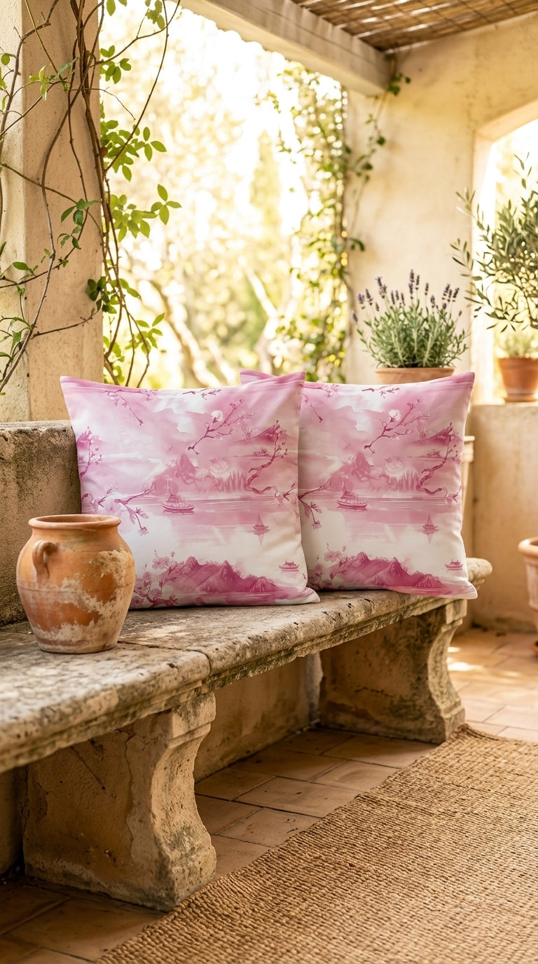 Housse Coussin Voyage d'Asie – Housse Artisanale Aquarelle Rose