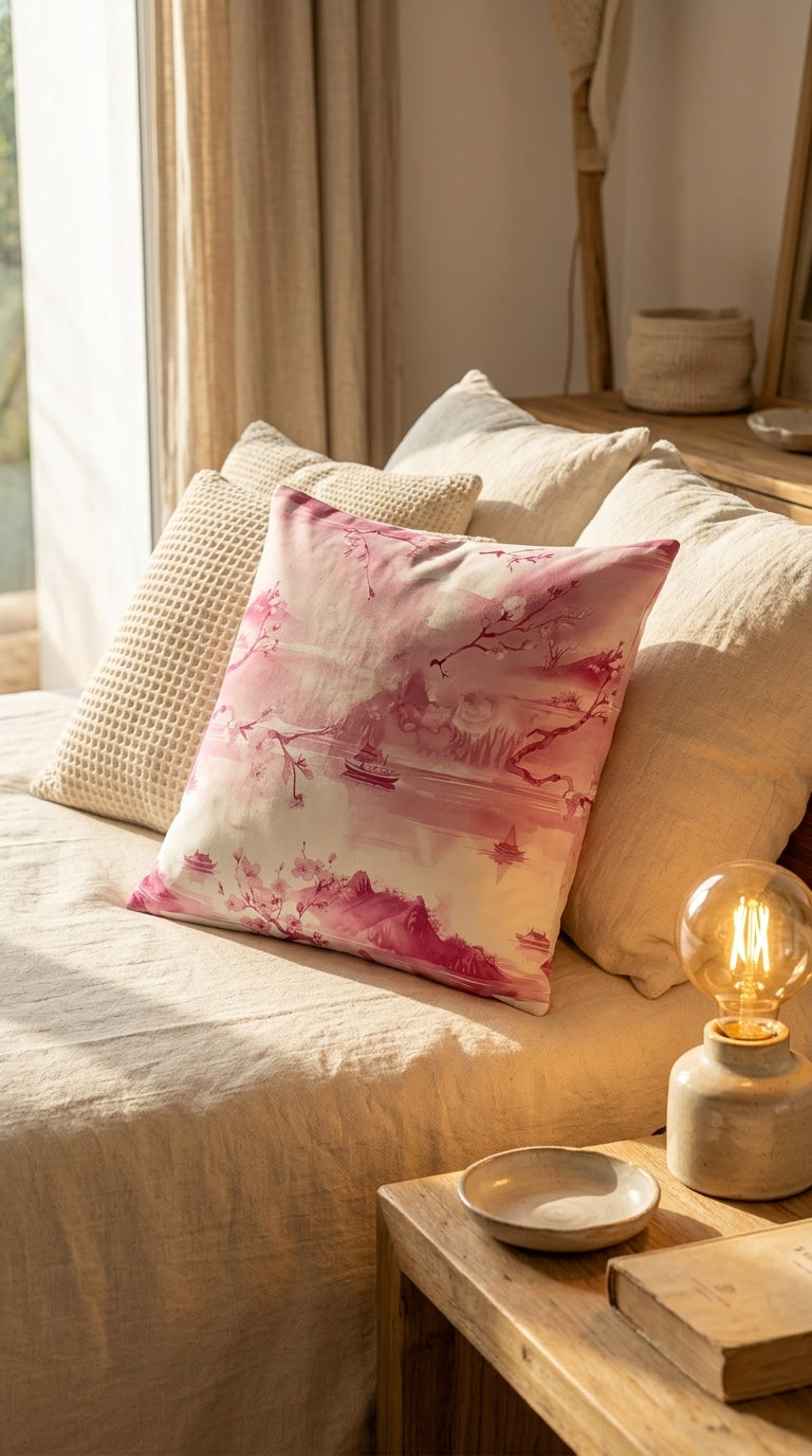 Housse Coussin Voyage d'Asie – Housse Artisanale Aquarelle Rose