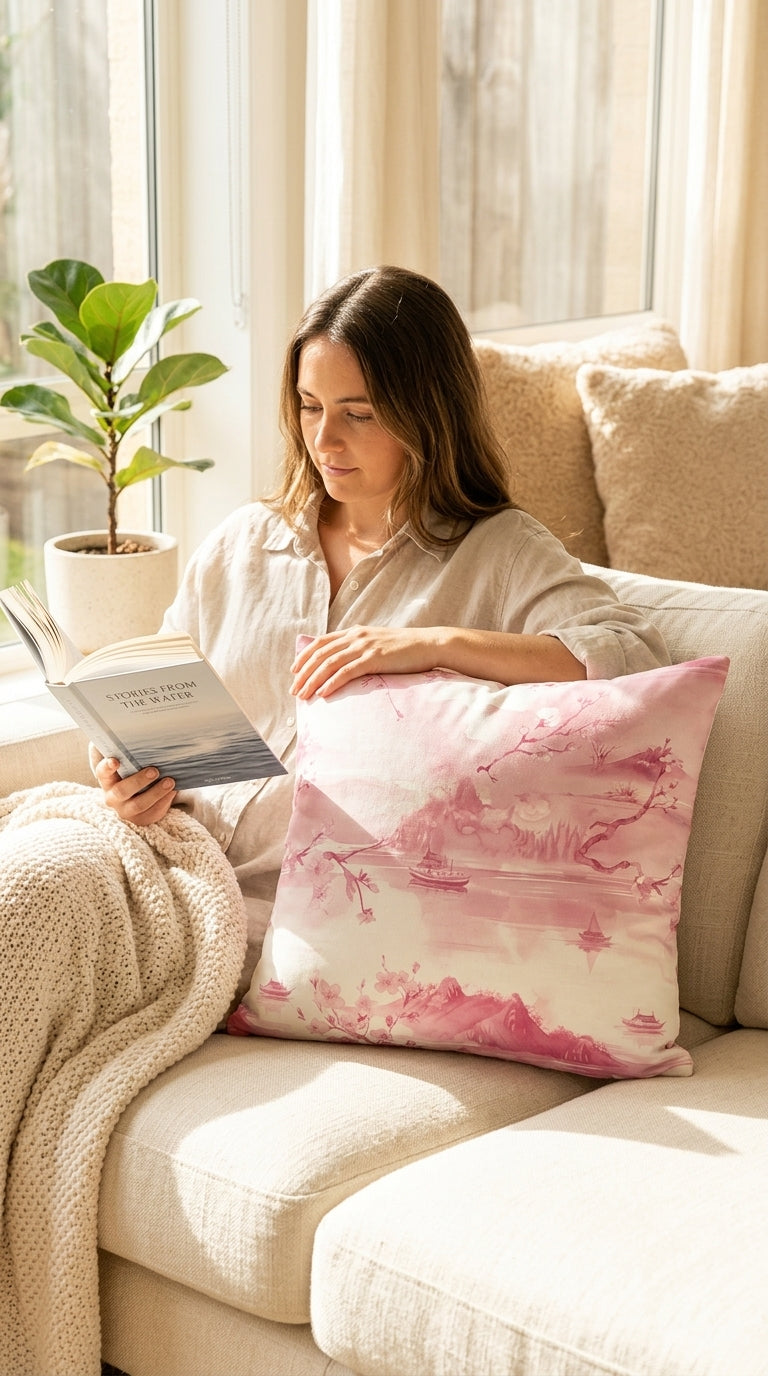 Housse Coussin Voyage d'Asie – Housse Artisanale Aquarelle Rose