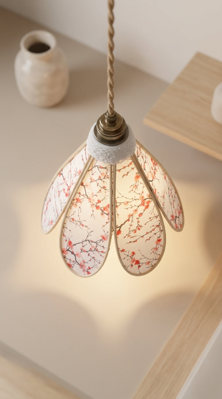 Lampe Tulipe Éclat du Japon – Abat-jour Motif Cerisiers Rouges Fait Main