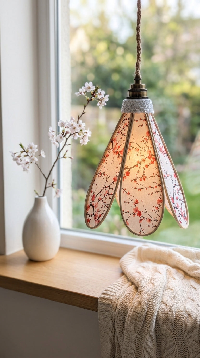 Lampe Tulipe Éclat du Japon – Abat-jour Motif Cerisiers Rouges Fait Main