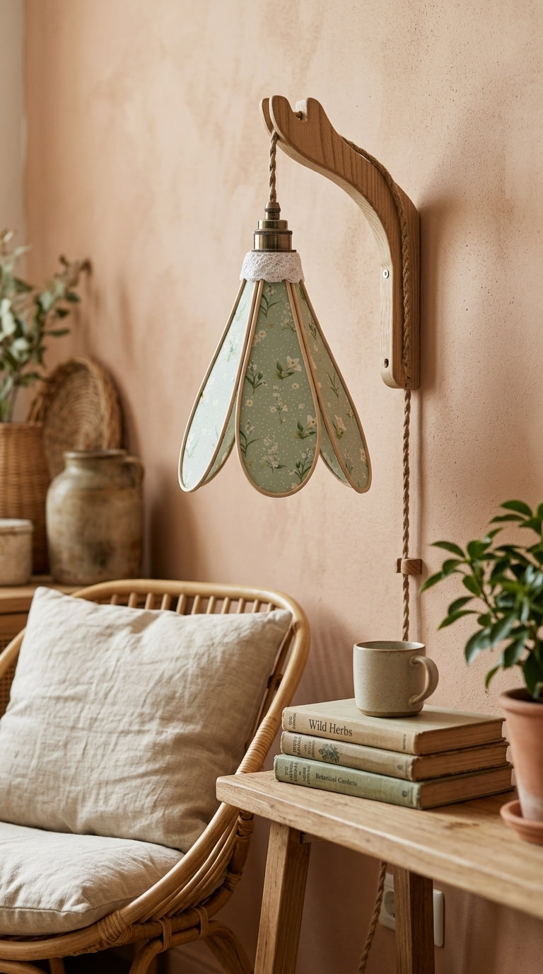 Gros plan sur le motif fleurs blanches et pointillés de la suspension tulipe