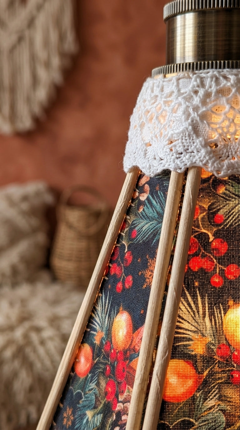 Gros plan sur le motif houx et baies de la suspension tulipe