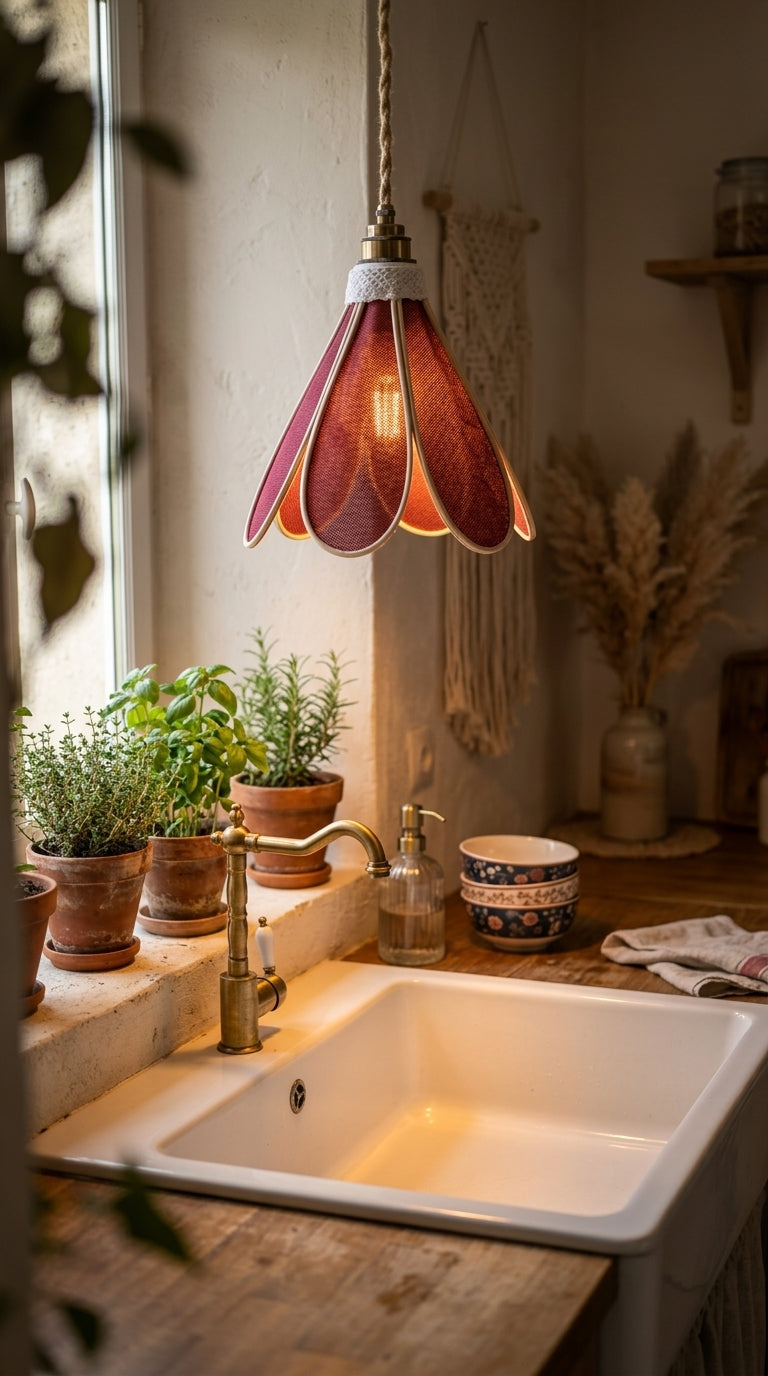 Lampe Tulipe Toile de Jute Rouge – Lampe Artisanale Bohème Naturelle