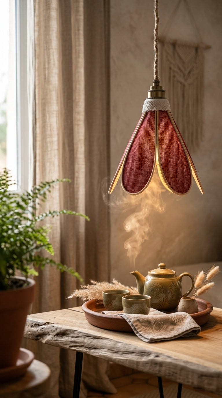 Lampe Tulipe Toile de Jute Rouge – Lampe Artisanale Bohème Naturelle