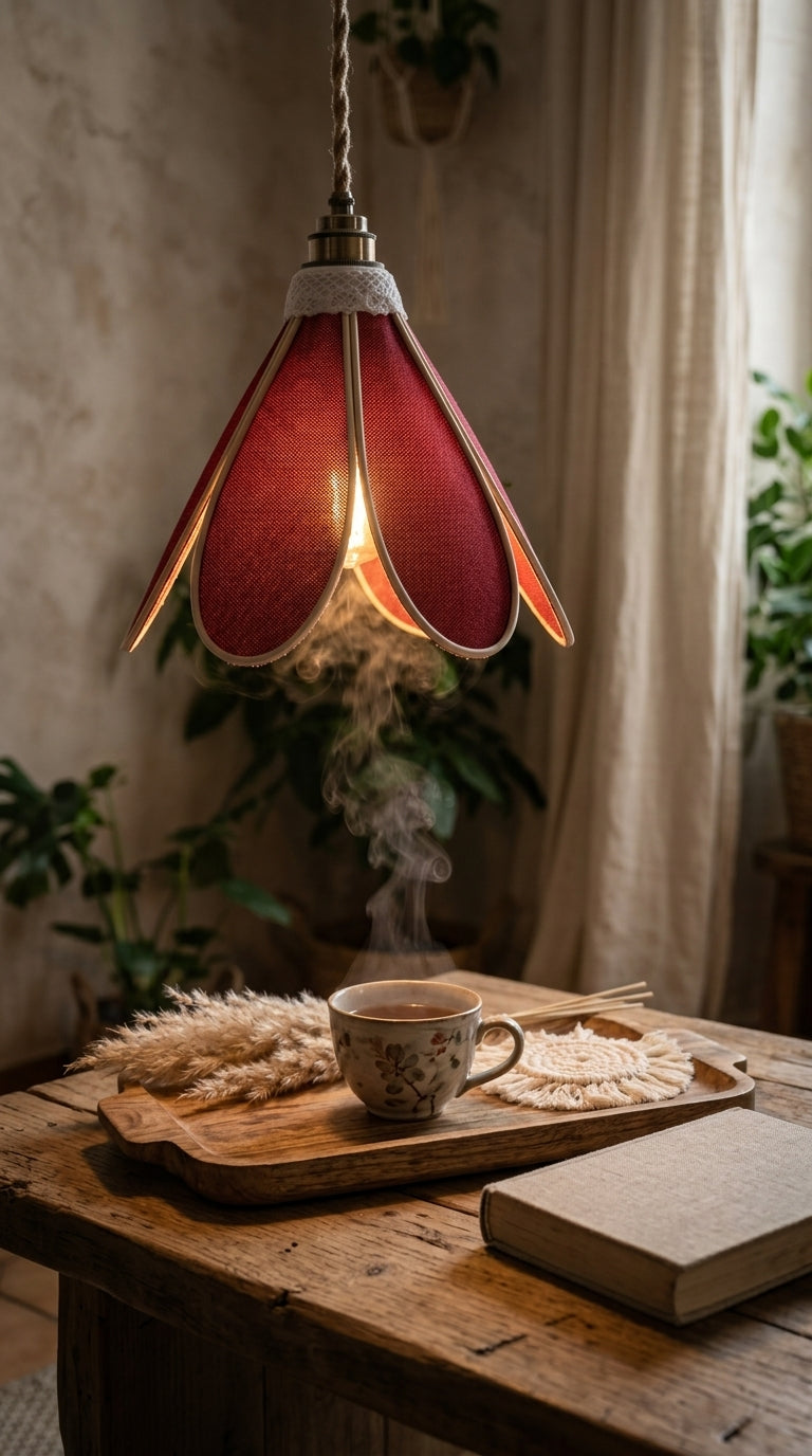 Lampe Tulipe Toile de Jute Rouge – Lampe Artisanale Bohème Naturelle