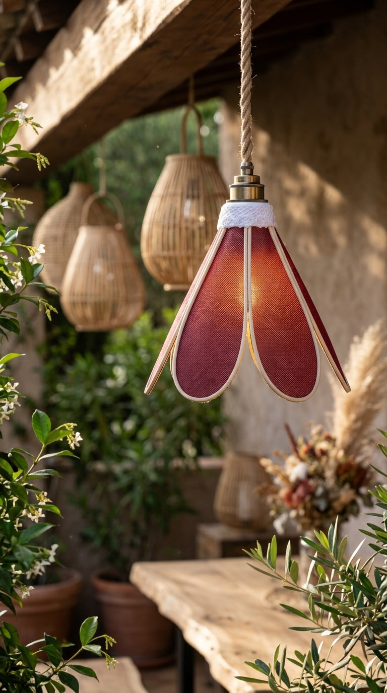 Lampe Tulipe Toile de Jute Rouge – Lampe Artisanale Bohème Naturelle