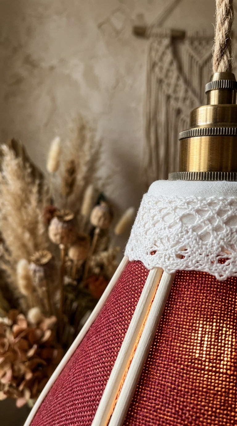 Lampe Tulipe Toile de Jute Rouge – Lampe Artisanale Bohème Naturelle