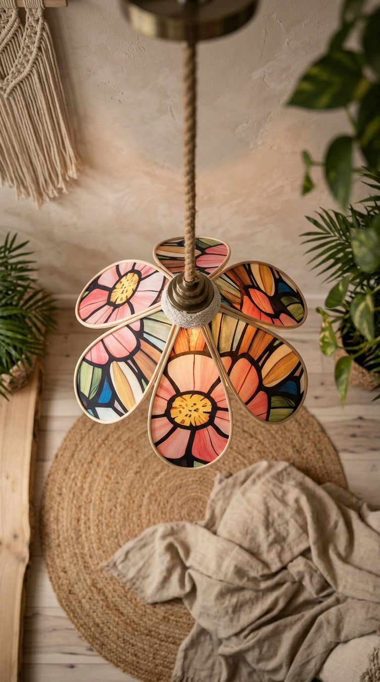 Lampe Tulipe Vitrail Fleurie- Lampe Artisanale Bohème Florale