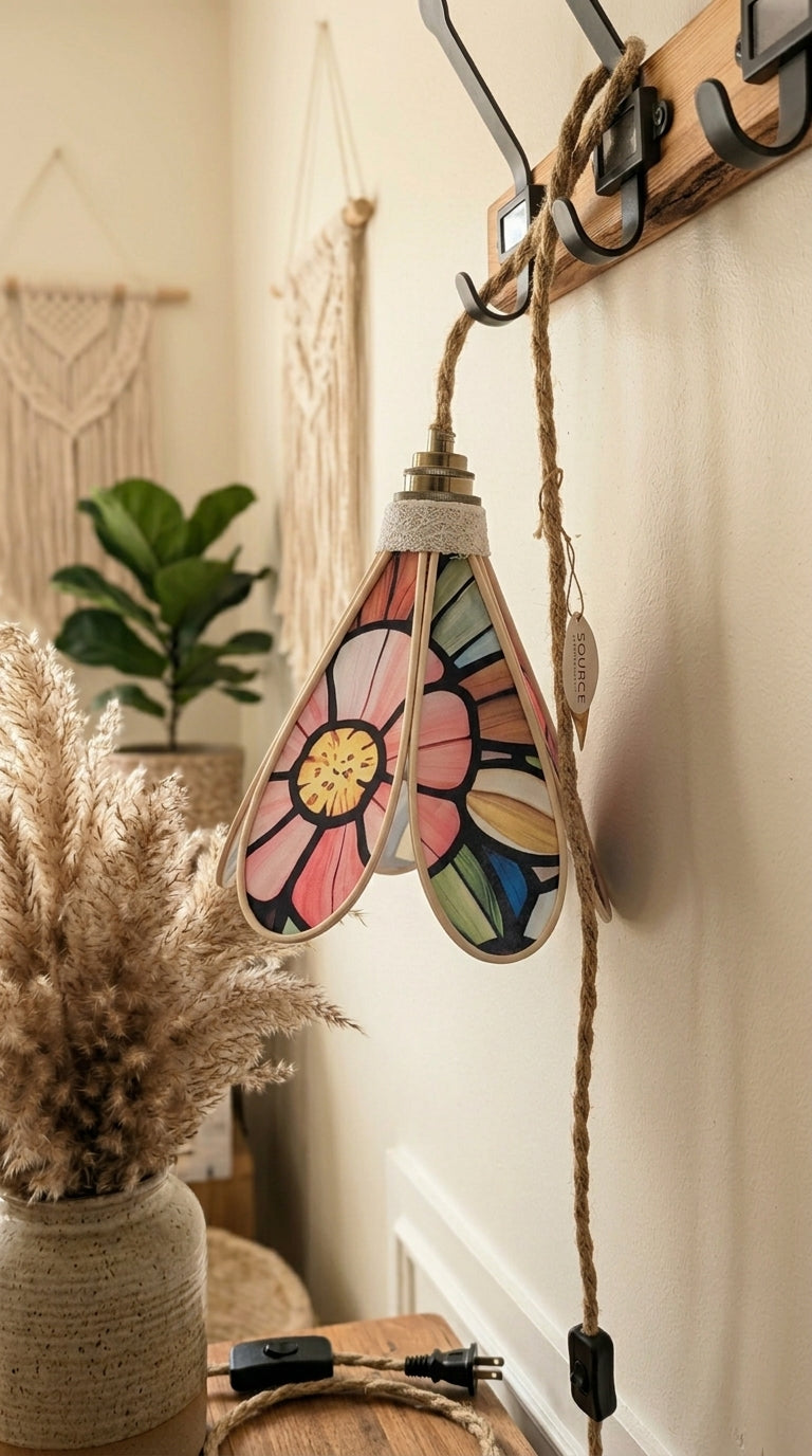 Lampe Tulipe Vitrail Fleurie- Lampe Artisanale Bohème Florale