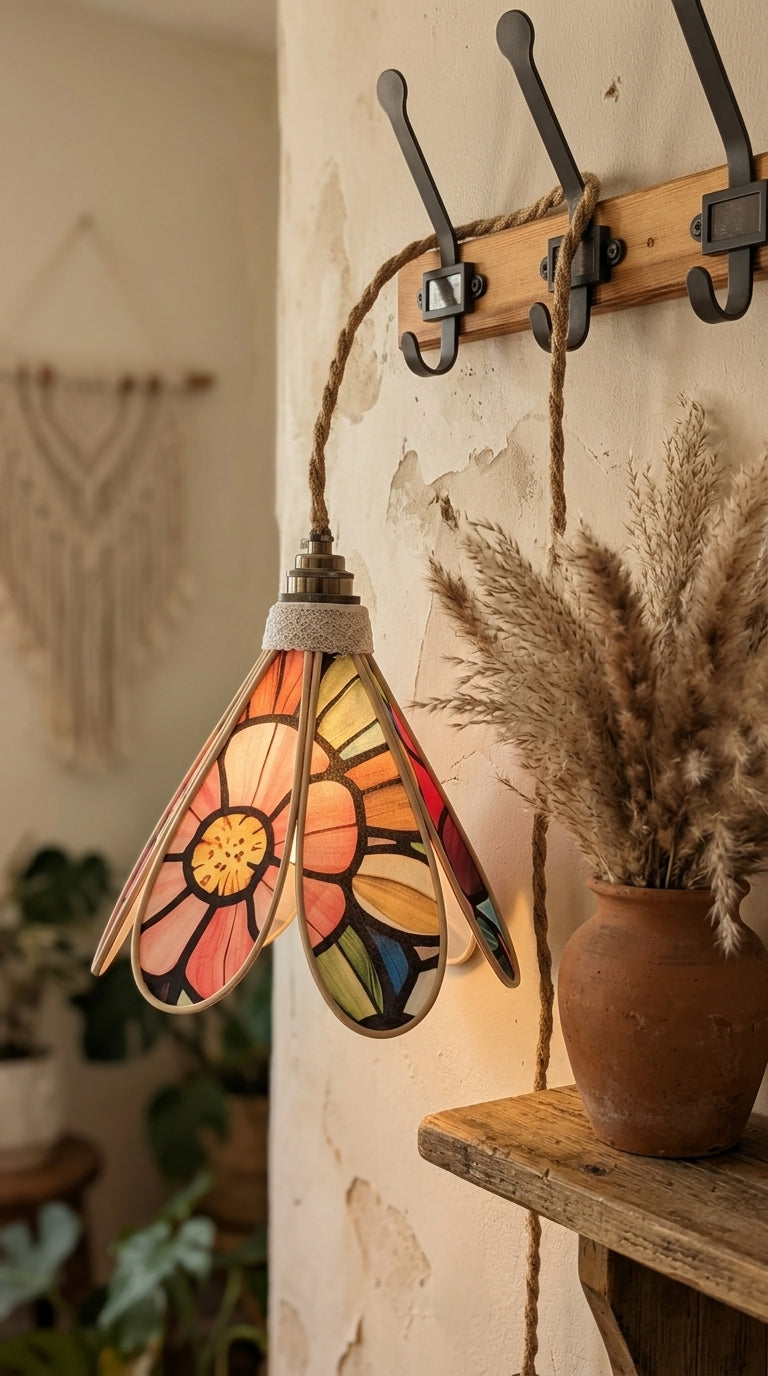 Lampe Tulipe Vitrail Fleurie- Lampe Artisanale Bohème Florale