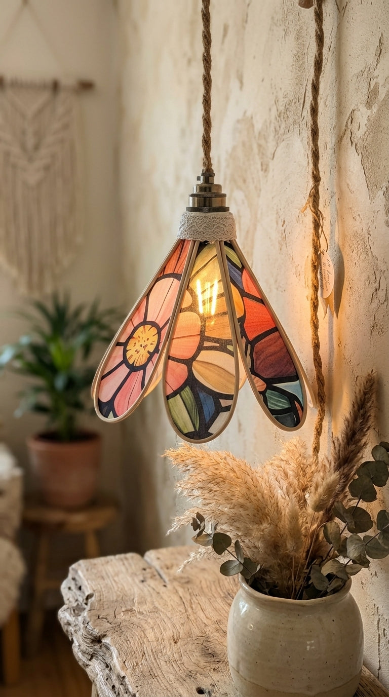 Lampe Tulipe Vitrail Fleurie- Lampe Artisanale Bohème Florale