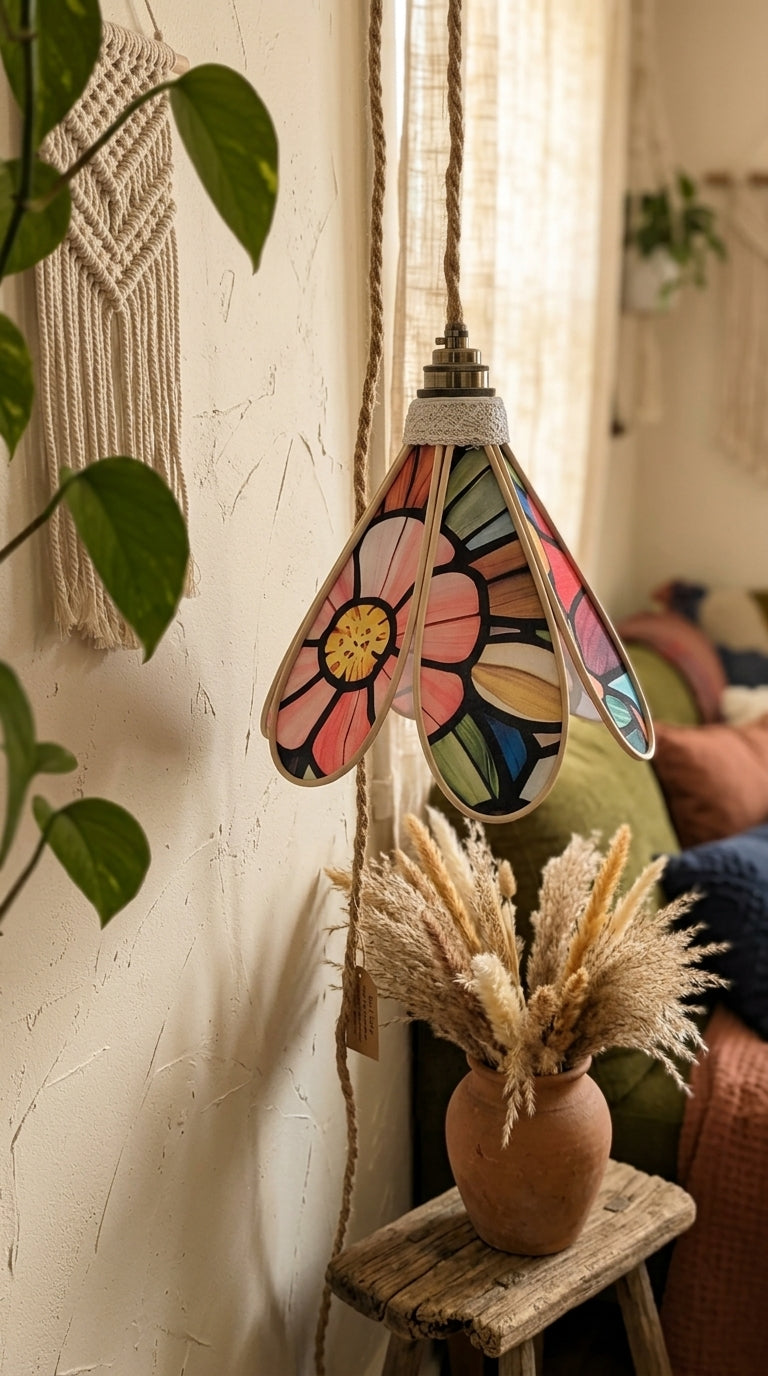 Lampe Tulipe Vitrail Fleurie- Lampe Artisanale Bohème Florale