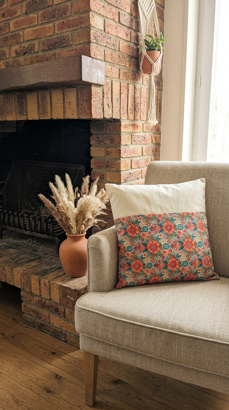 Coussin Floral Bohème Bimatière – Housse Lin & Tissu Floral Artisanale
