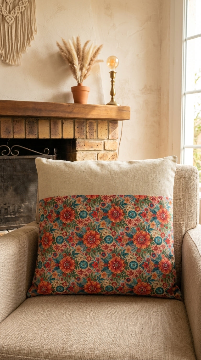 Coussin Floral Bohème Bimatière – Housse Lin & Tissu Floral Artisanale