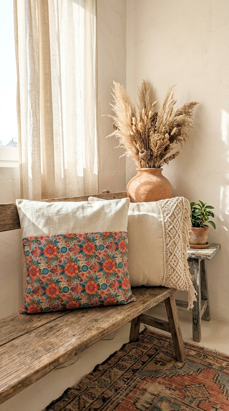 Coussin Floral Bohème Bimatière – Housse Lin & Tissu Floral Artisanale