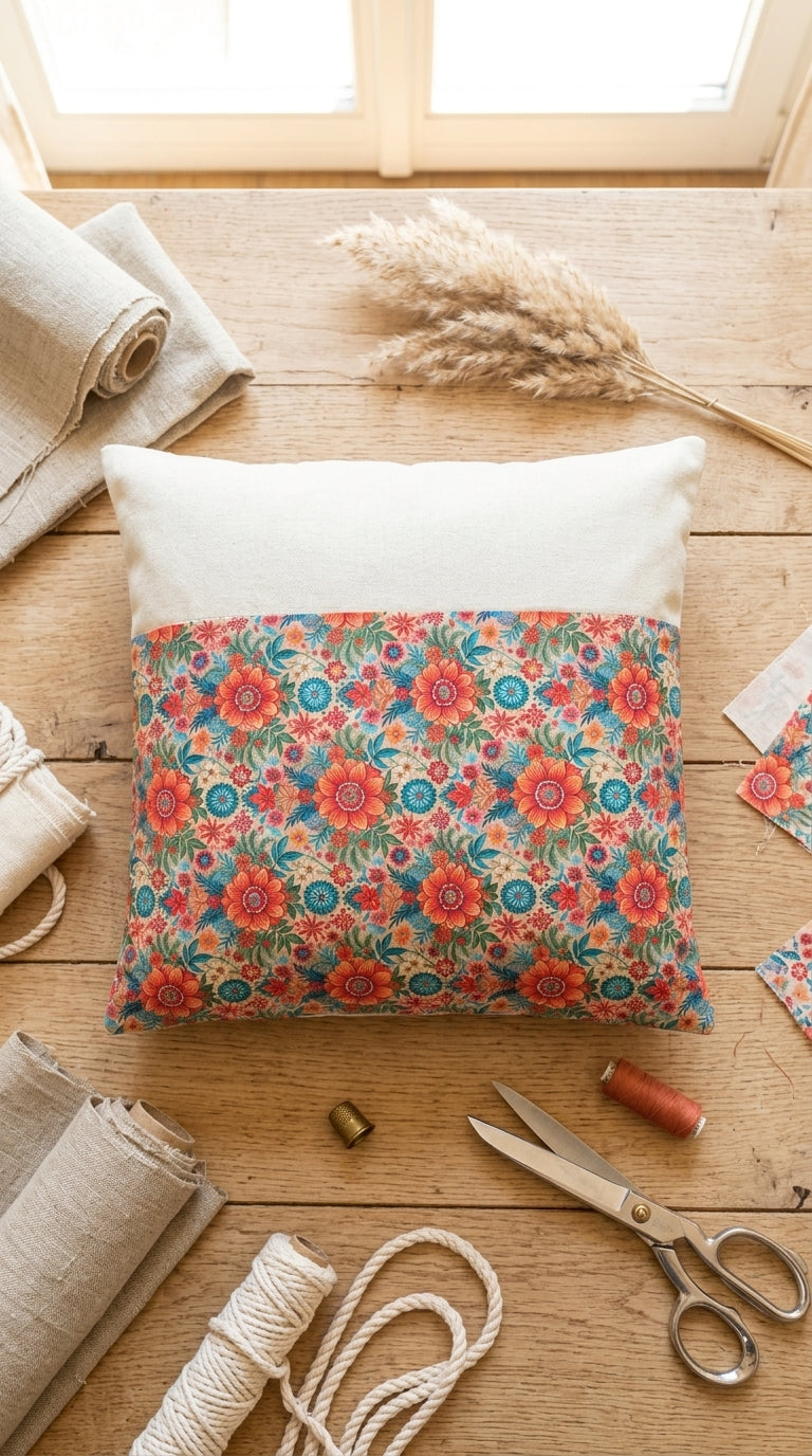 Coussin Floral Bohème Bimatière – Housse Lin & Tissu Floral Artisanale