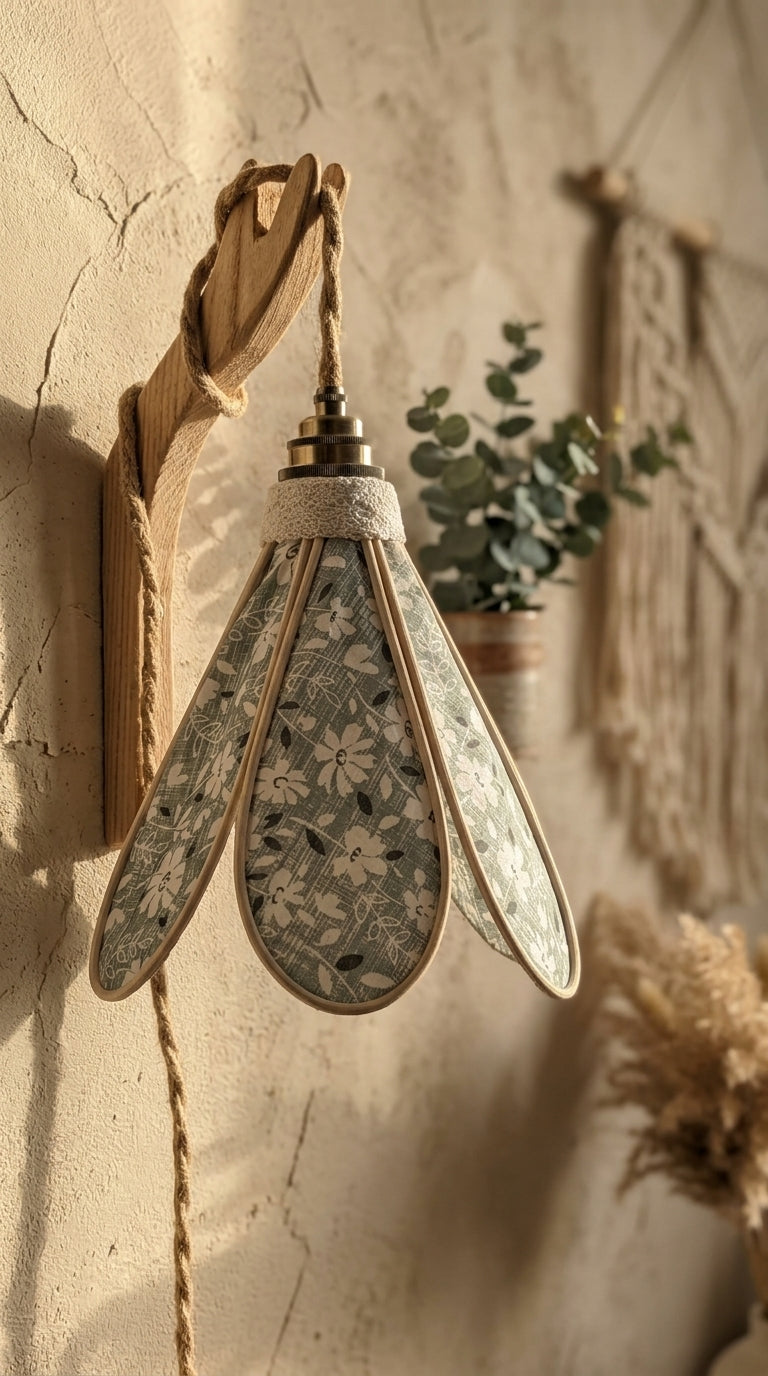 Lampe Tulipe Verte Fleurs Blanches- Lampe Artisanale Bohème Florale