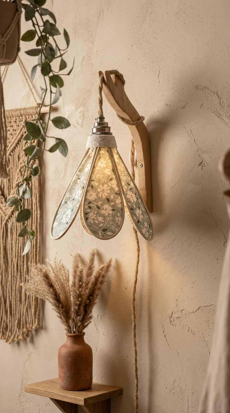 Lampe Tulipe Verte Fleurs Blanches- Lampe Artisanale Bohème Florale