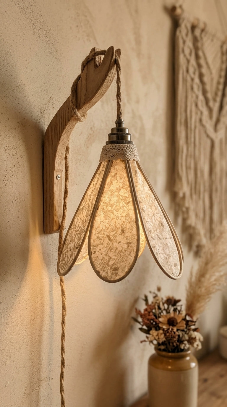 Lampe Tulipe Verte Fleurs Blanches- Lampe Artisanale Bohème Florale