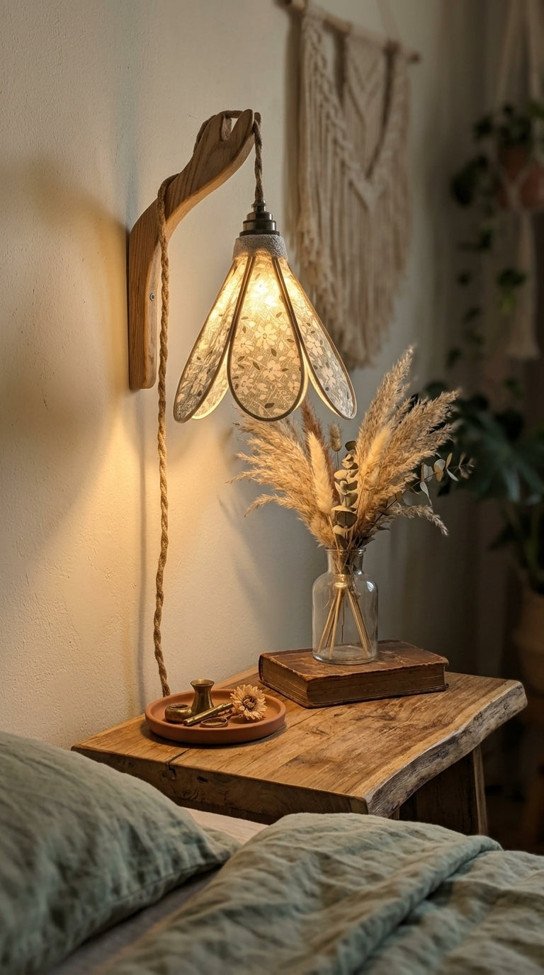 Lampe Tulipe Verte Fleurs Blanches- Lampe Artisanale Bohème Florale