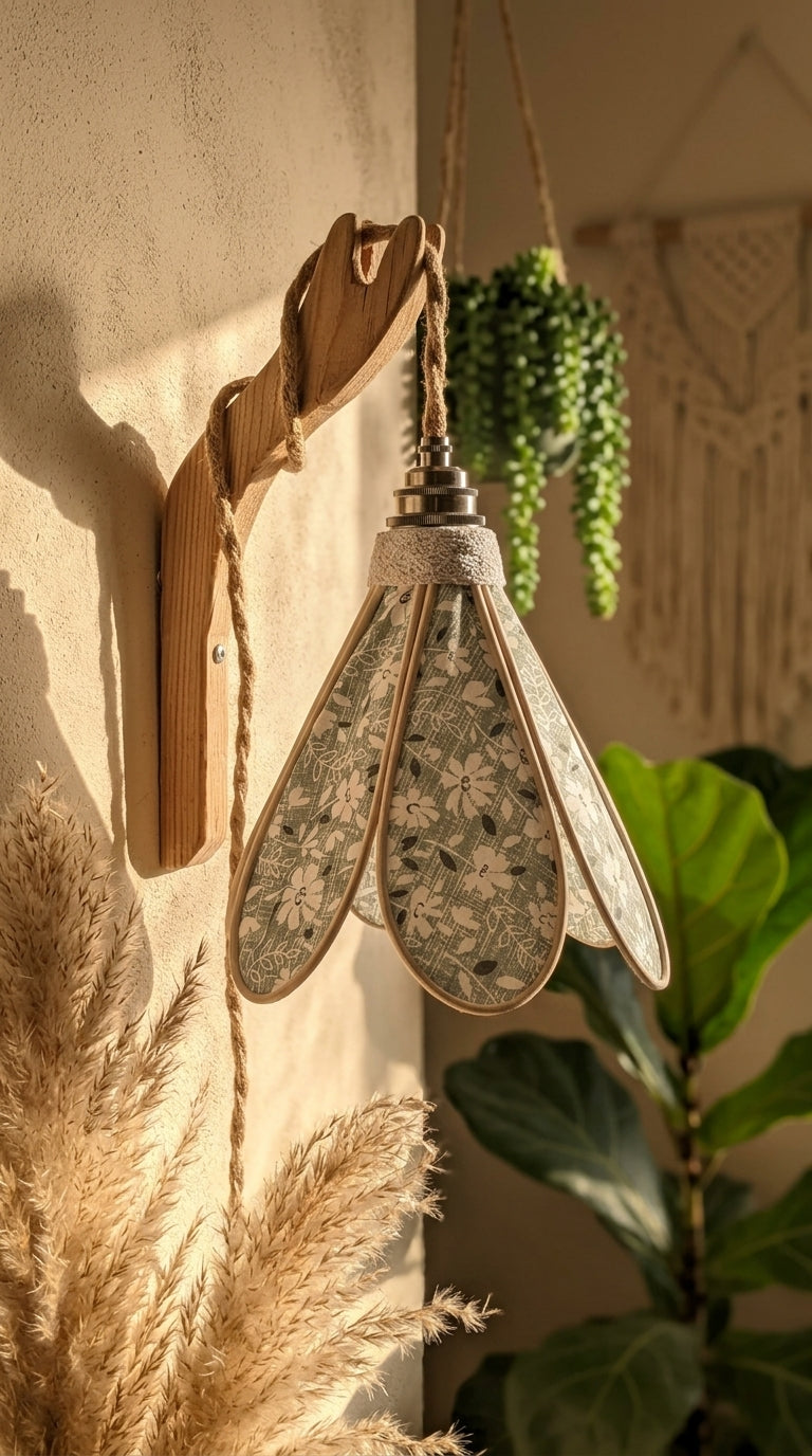 Lampe Tulipe Verte Fleurs Blanches- Lampe Artisanale Bohème Florale