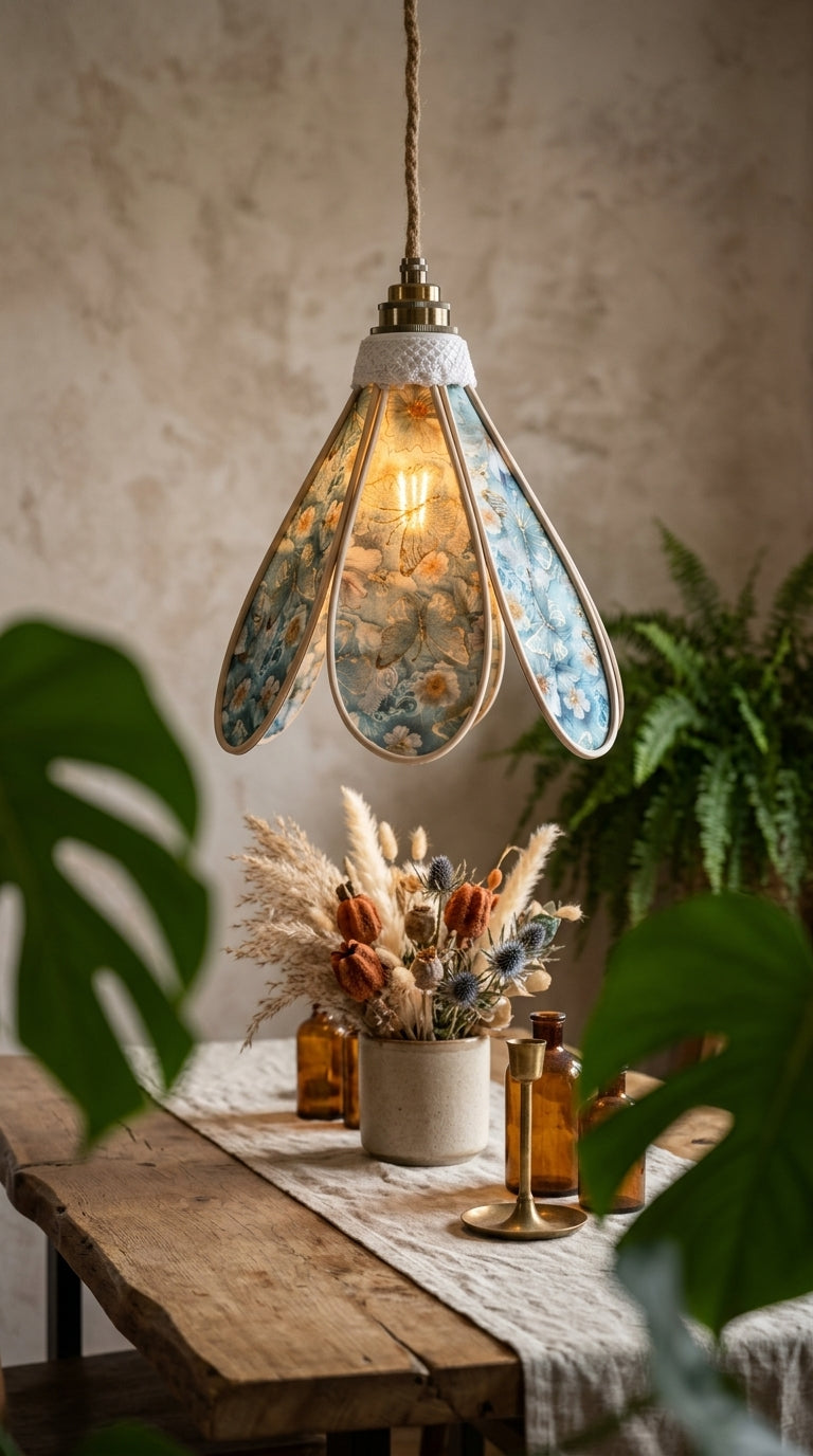 Lampe Tulipe Papillons Bleus- Lampe Artisanale Bohème Florale