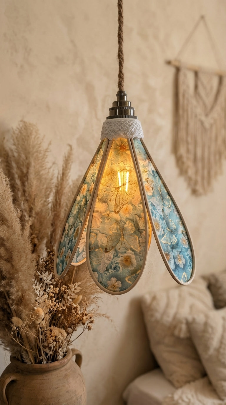 Lampe Tulipe Papillons Bleus- Lampe Artisanale Bohème Florale