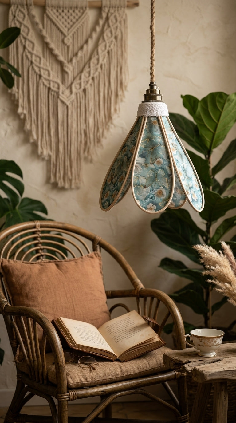Lampe Tulipe Papillons Bleus- Lampe Artisanale Bohème Florale