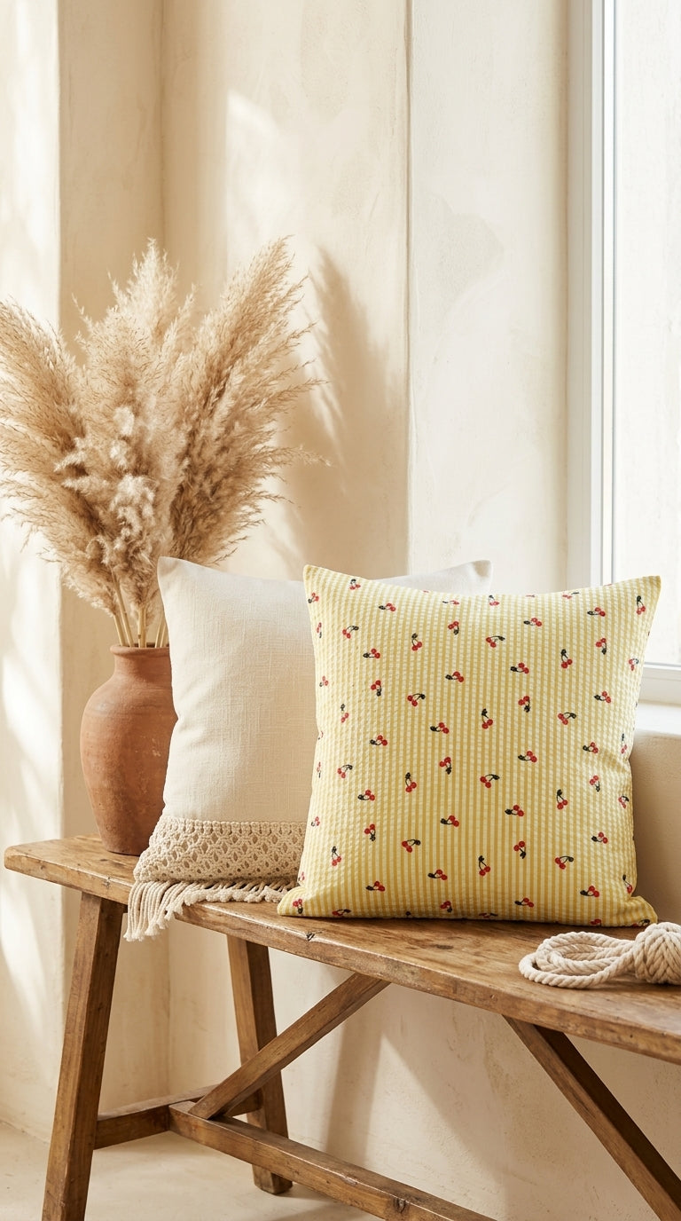 Housse Coussin Cerises – Housse Artisanale Rétro Champêtre