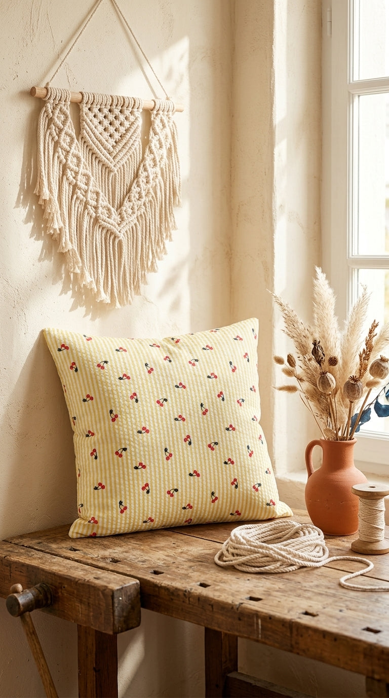 Housse Coussin Cerises – Housse Artisanale Rétro Champêtre