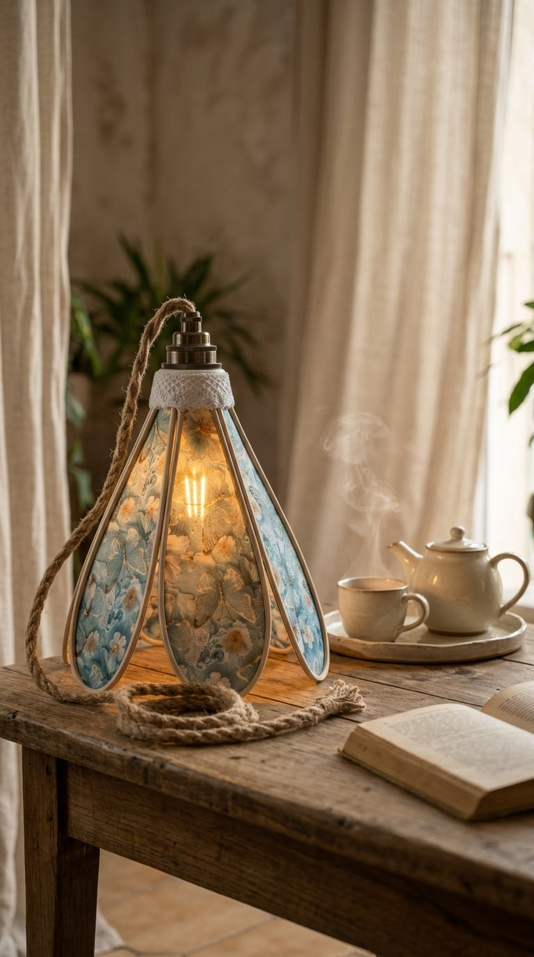 Lampe Tulipe Papillons Bleus- Lampe Artisanale Bohème Florale