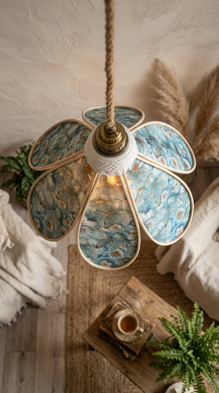 Lampe Tulipe Papillons Bleus- Lampe Artisanale Bohème Florale