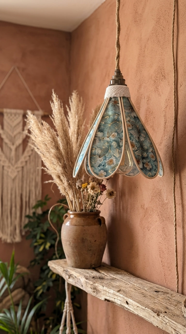 Lampe Tulipe Papillons Bleus- Lampe Artisanale Bohème Florale