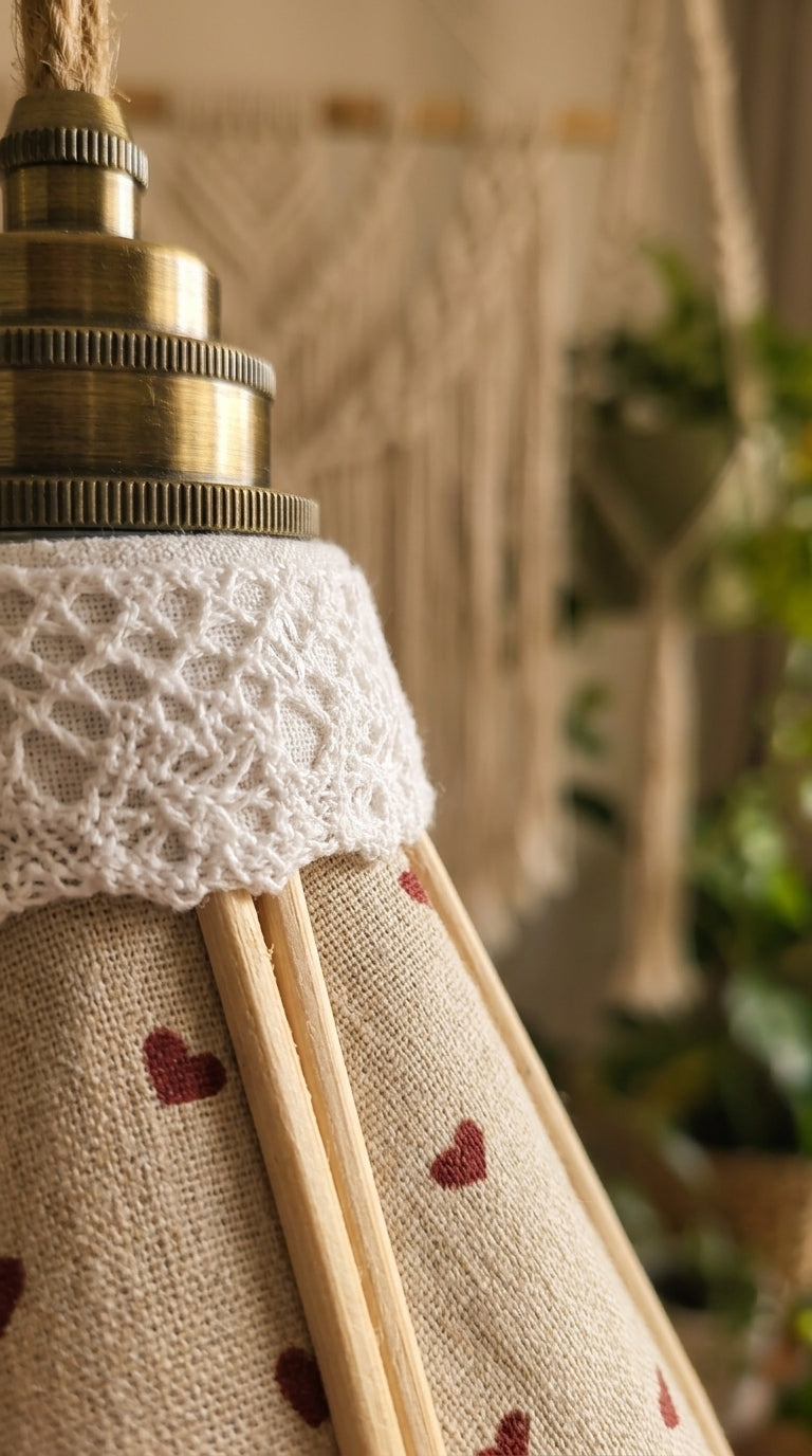 Lampe Tulipe Cœur de Lin – Abat-jour Motif Cœurs Bordeaux Fait Main