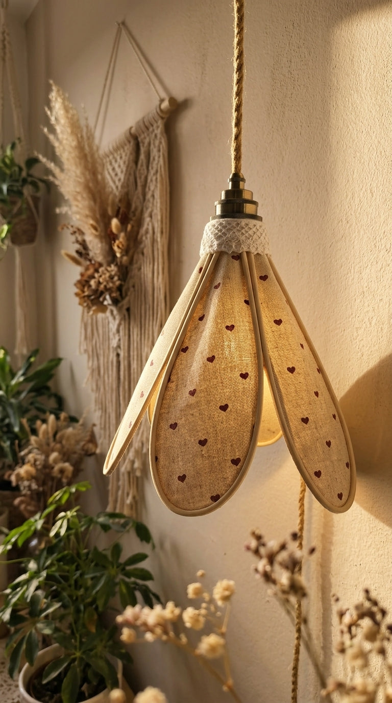 Lampe Tulipe Cœur de Lin – Abat-jour Motif Cœurs Bordeaux Fait Main