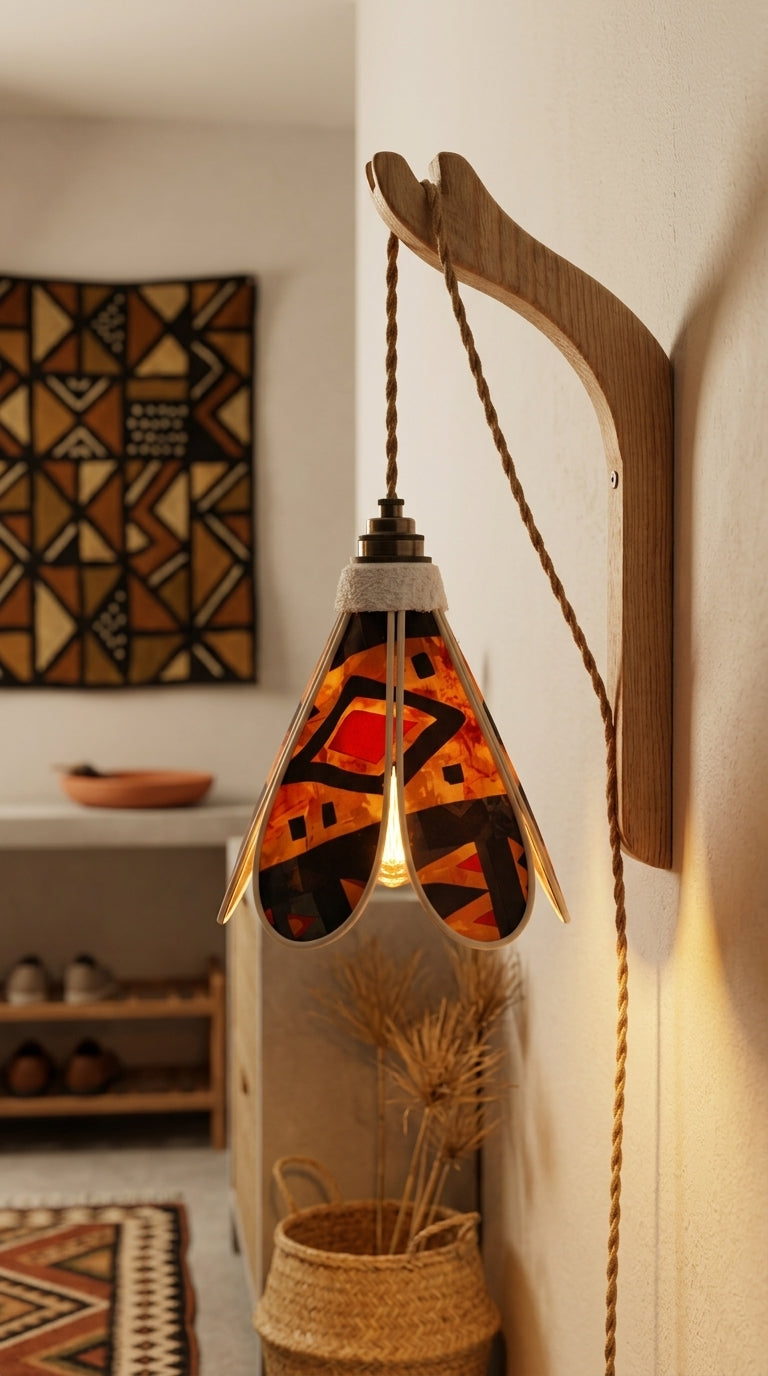 Lampe Tulipe Braise d'Afrique – Abat-jour Motif Géométrique Ambré Fait Main