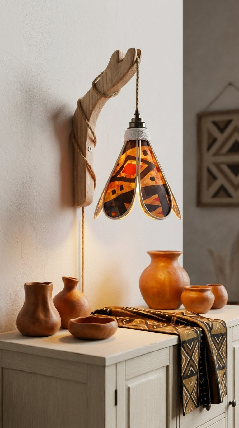 Lampe Tulipe Braise d'Afrique – Abat-jour Motif Géométrique Ambré Fait Main