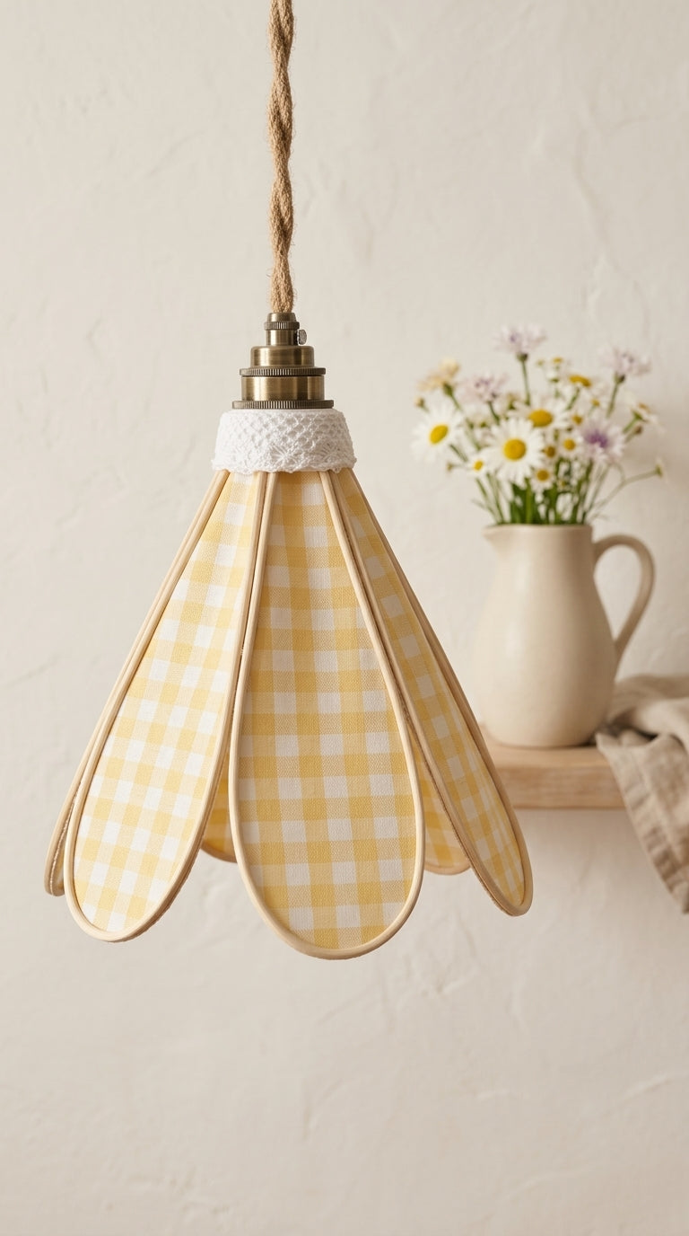 Lampe Tulipe Matin Ensoleillé – Abat-jour Motif Vichy Jaune Fait Main