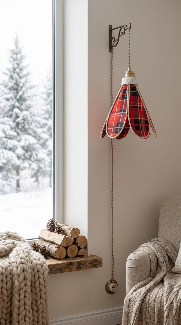 Suspension tulipe Highland Rouge, vue en angle avec armature rotin